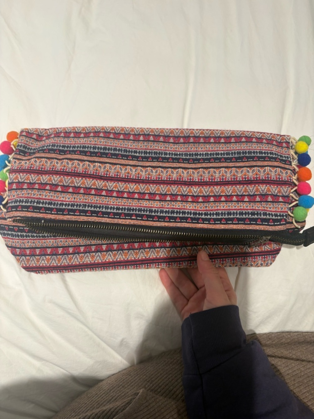 Multicolor Ethnic Pattern Foldover Clutch with Pom Pom Trim - NEE